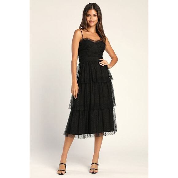 Lulus Dresses & Skirts - Lulus Sweetheart Style Black Polka Dot Bustier Midi Dress - Size M